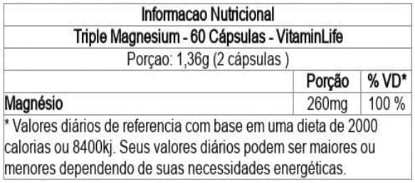 Vitaminlife Triple Magnesium 260Mg (Malato + Taurato + Bisglicinato) 60 Cáps