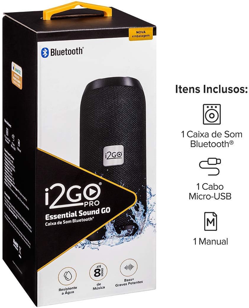 I2GO, Caixa De Som Bluetooth Essential Sound Go, 10W RMS, Resistente à Água, Preto