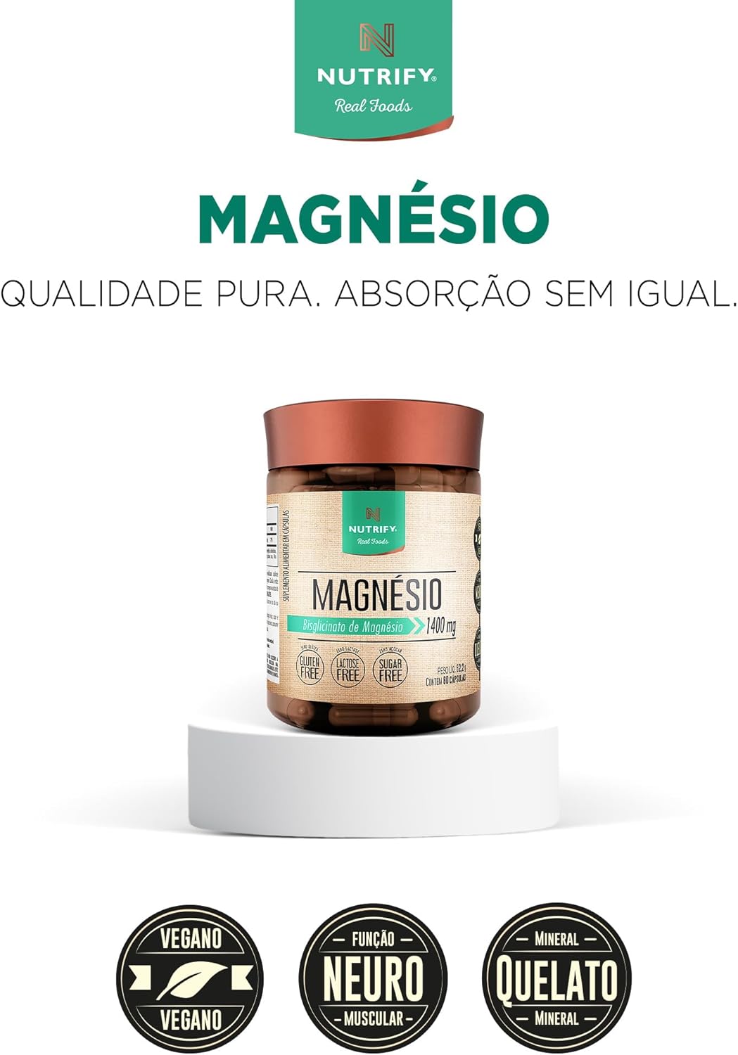 Nutrify - Magnésio 1400mg - Multivitamínico, Sem Glúten, Sem Lactose, Sem Açúcar - 60 Cápsulas