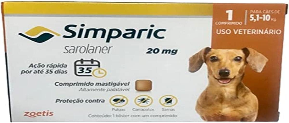 Zoetis Simparic 20Mg 5 em 1 Até - 1 Cp Para Cães