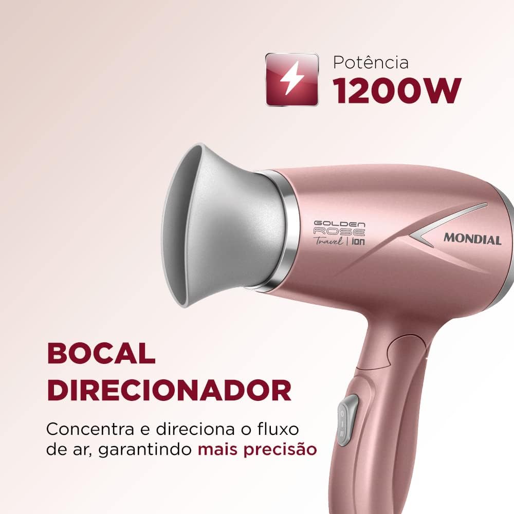 Secador de Cabelos Travel, Mondial, Golden Rose, 1200W, Bivolt