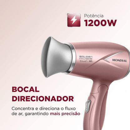 Secador de Cabelos Travel, Mondial, Golden Rose, 1200W, Bivolt