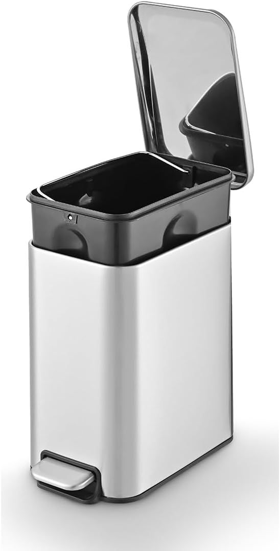 Papelera delgada de acero inoxidable con cierre suave - Rectangular de 5 litros con pedal de acero inoxidable