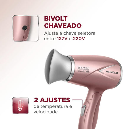 Secador de Cabelos Travel, Mondial, Golden Rose, 1200W, Bivolt