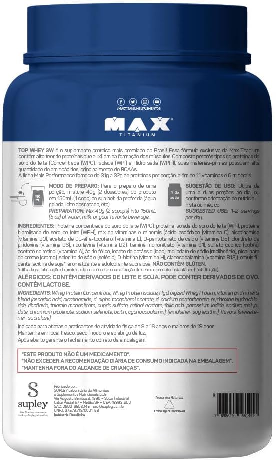 Max Titanium Top Whey 3W Mais Performance 900G Baunilha