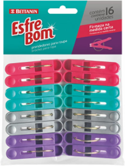 Conjunto de Prendedores Plásticos, 16 Unidades, Linha Esfrebom.