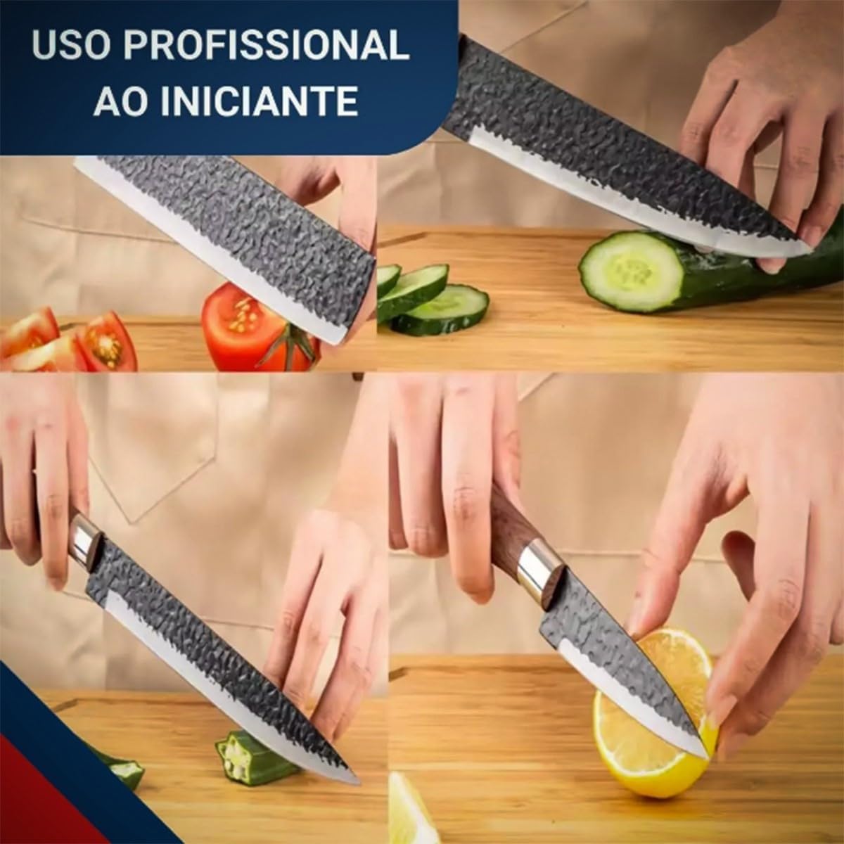 Kit Churrasco Madeirado, Conjunto de 08 Peças Facas Gourmet Antiaderente Premium