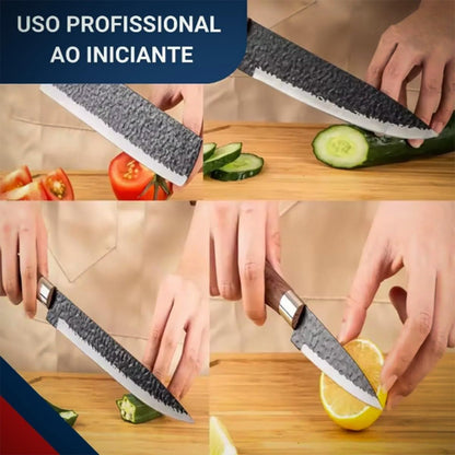 Kit Churrasco Madeirado, Conjunto de 08 Peças Facas Gourmet Antiaderente Premium