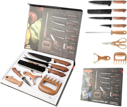 Kit Churrasco Madeirado, Conjunto de 08 Peças Facas Gourmet Antiaderente Premium