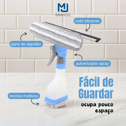 Limpador com Rodo e Spray, Ferramenta 4 em 1 para Limpeza de Vidros, Espelhos, Azulejos