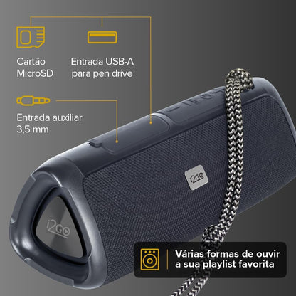 I2GO, Caixa De Som Bluetooth 3 Angle Sound. 12W RMS, Resistente à Água, Preto