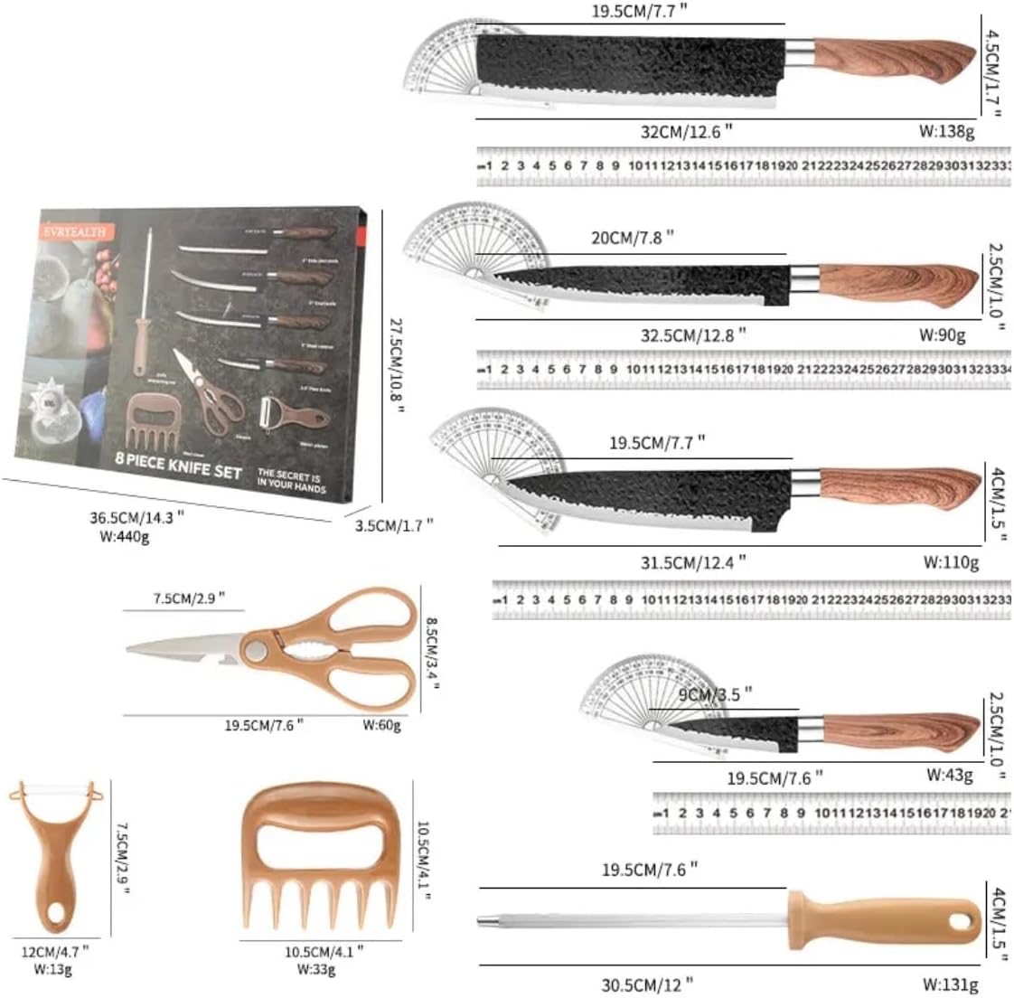 Kit Churrasco Madeirado, Conjunto de 08 Peças Facas Gourmet Antiaderente Premium