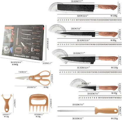 Kit Churrasco Madeirado, Conjunto de 08 Peças Facas Gourmet Antiaderente Premium