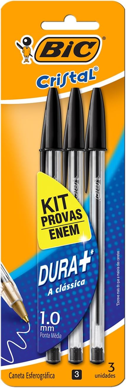 BIC Caneta Esferográfica Cristal Dura Mais, 3 Canetas Pretas