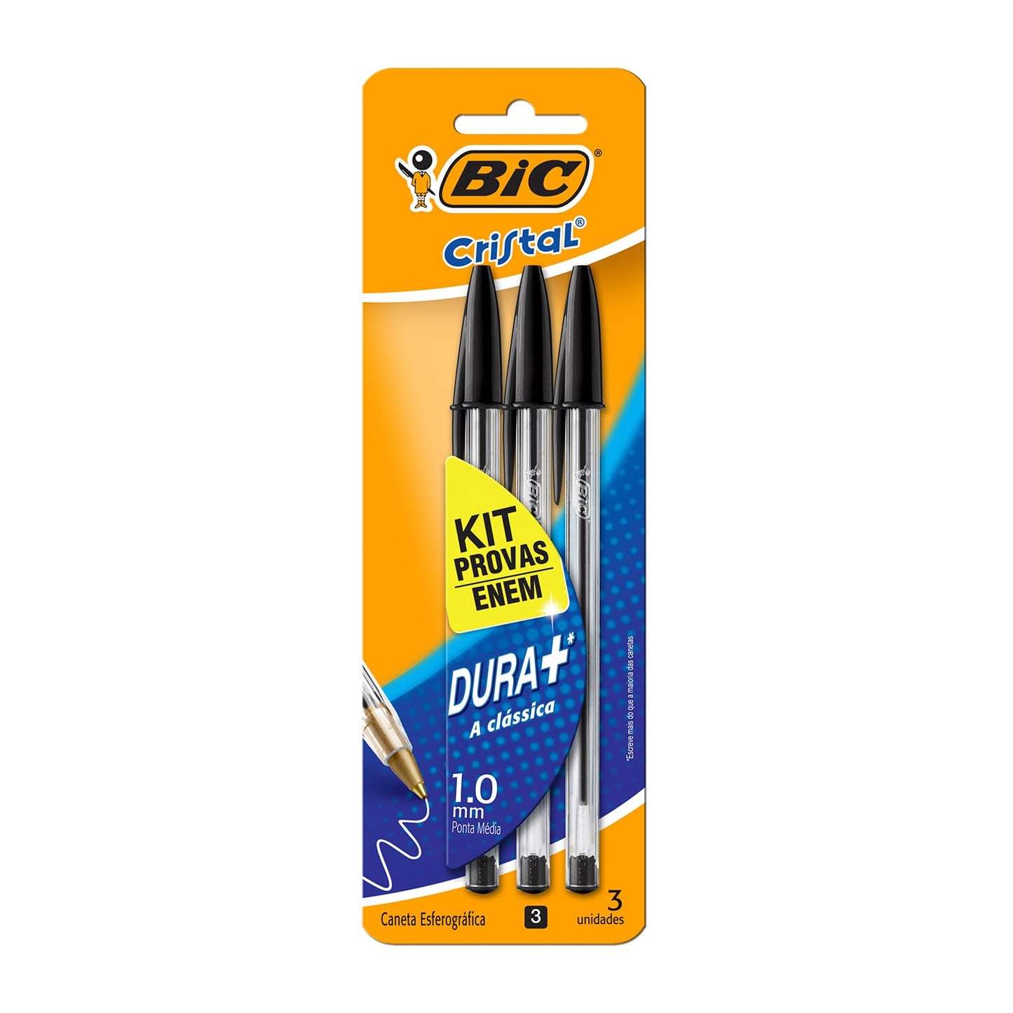 BIC Caneta Esferográfica Cristal Dura Mais, 3 Canetas Pretas