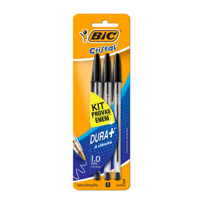 BIC Caneta Esferográfica Cristal Dura Mais, 3 Canetas Pretas