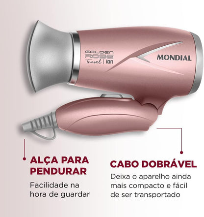 Secador de Cabelos Travel, Mondial, Golden Rose, 1200W, Bivolt