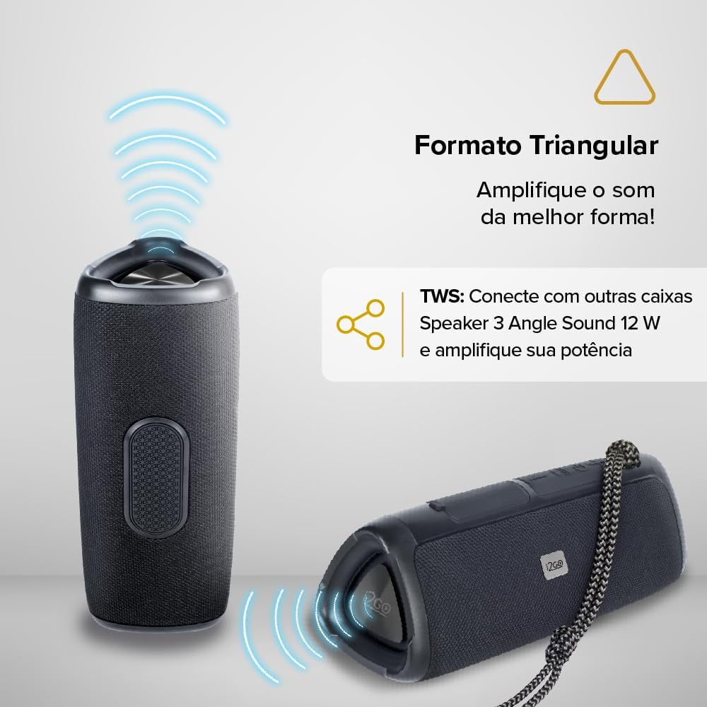 I2GO, Caixa De Som Bluetooth 3 Angle Sound. 12W RMS, Resistente à Água, Preto