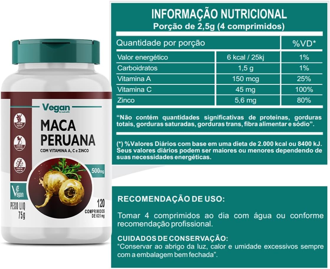 Nutralin Maça Peruana Pura Original 500Mg 120 Comprimidos Vegano