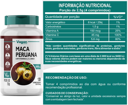 Nutralin Maça Peruana Pura Original 500Mg 120 Comprimidos Vegano