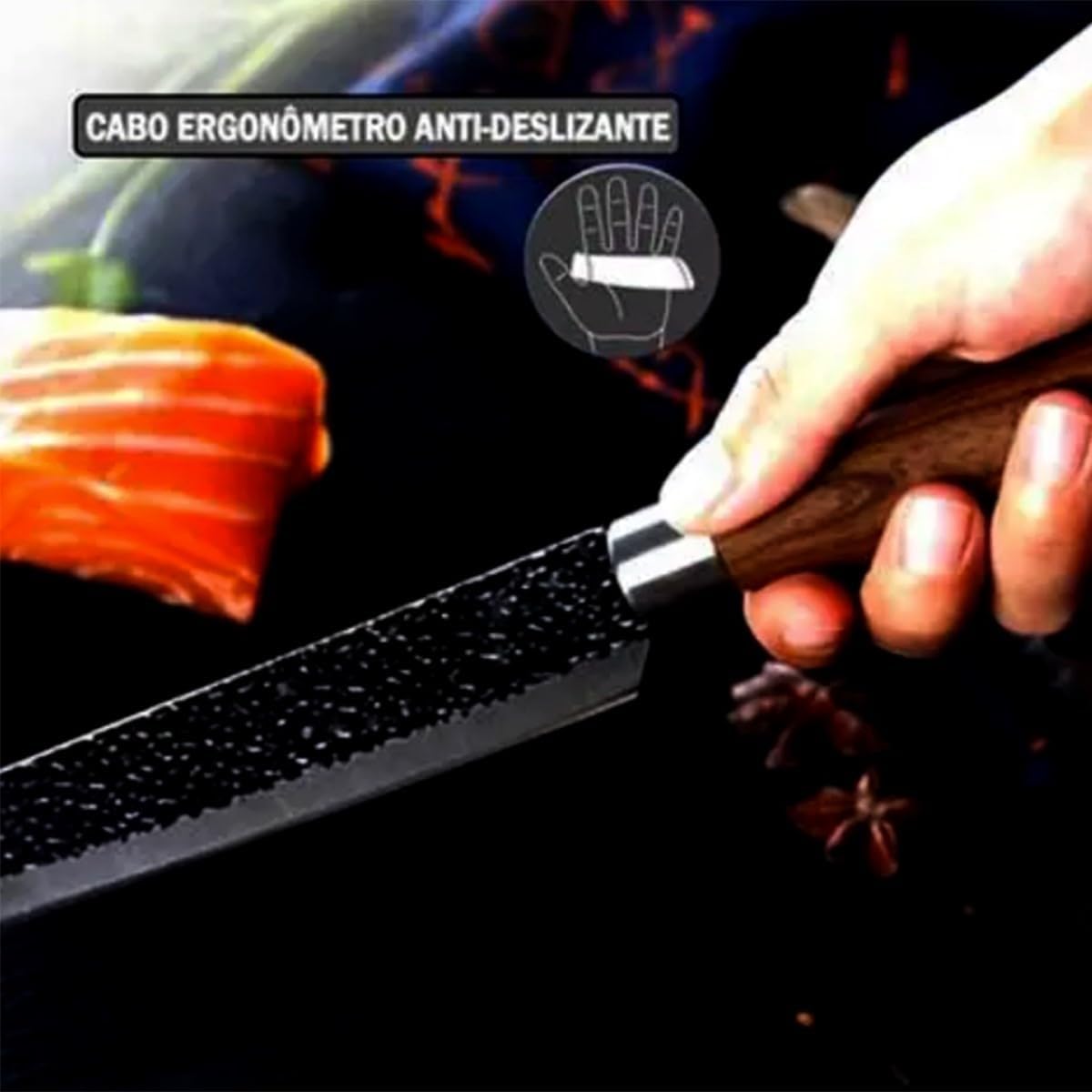 Kit Churrasco Madeirado, Conjunto de 08 Peças Facas Gourmet Antiaderente Premium