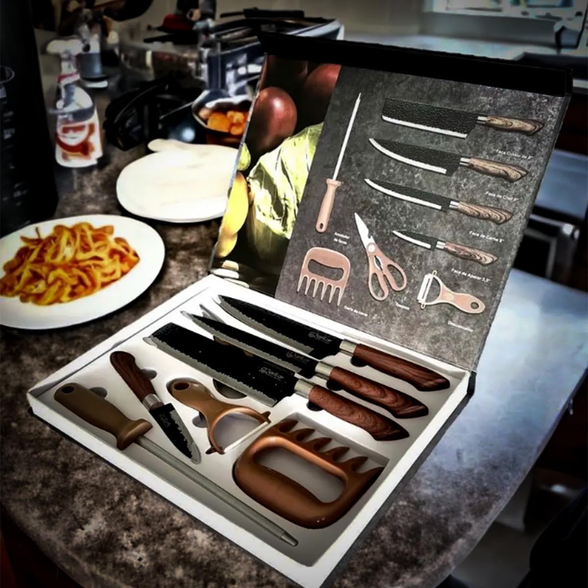 Kit Churrasco Madeirado, Conjunto de 08 Peças Facas Gourmet Antiaderente Premium