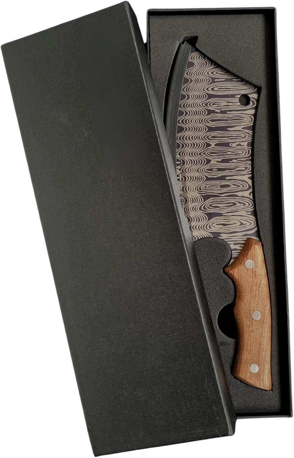 Cutelo Churrasco Faca Artesanal 29cm – Lâmina Aço Inox Ornamentada, Cabo de Madeira Ergonômico c/Desenho de Damasco