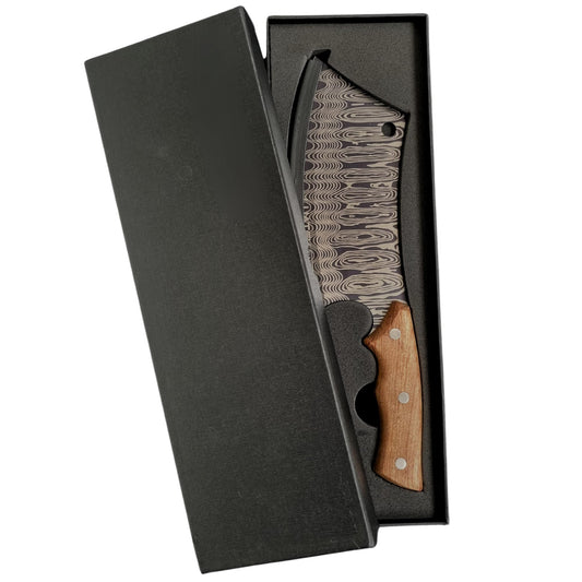 Cutelo Churrasco Faca Artesanal 29cm – Lâmina Aço Inox Ornamentada, Cabo de Madeira Ergonômico c/Desenho de Damasco
