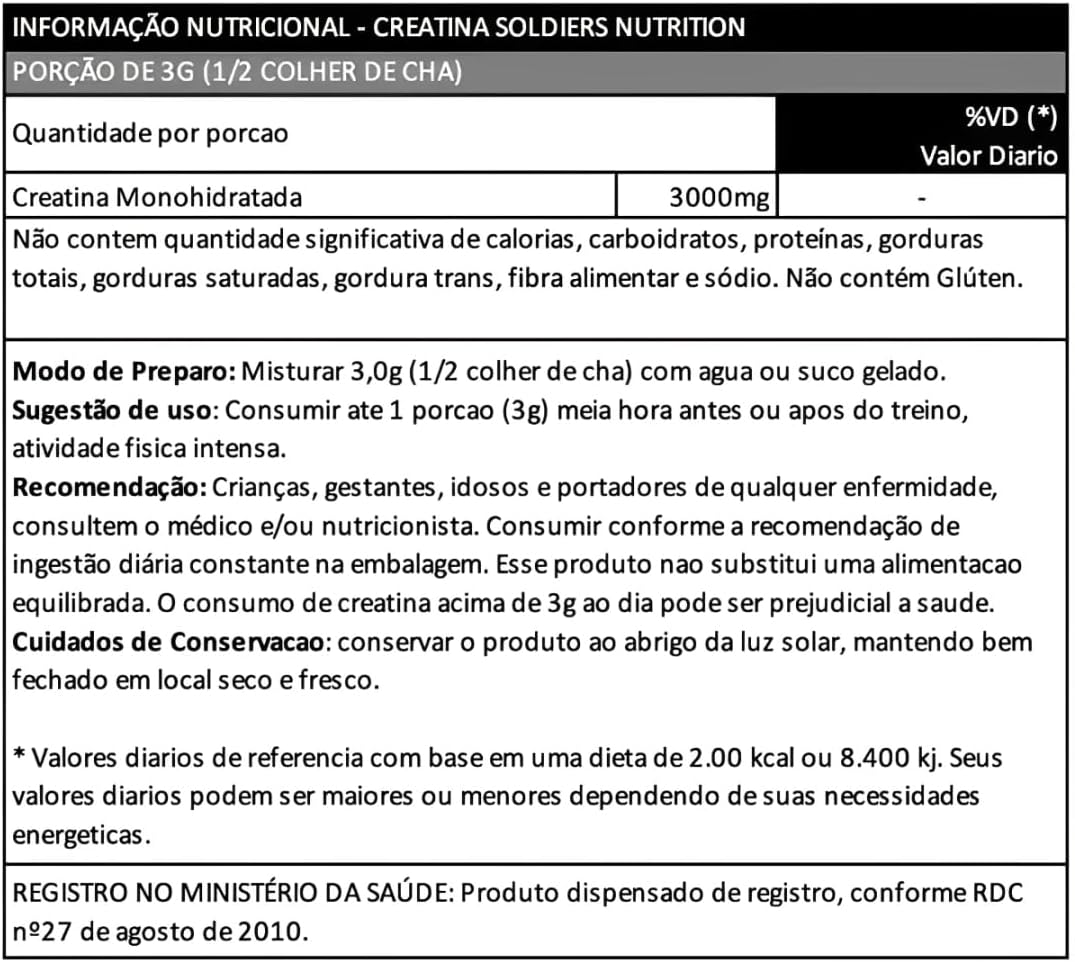 Creatina Monohidratada 500g - 100% Pura Importada - Soldiers Nutrition