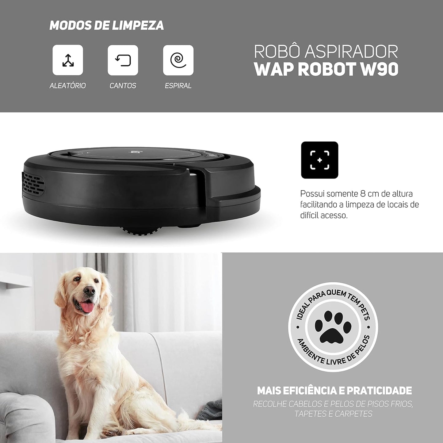 WAP Aspirador de Pó Robô ROBOT W90 3 em 1, Sistema Antiqueda e Rodas Emborrachadas, Bivolt