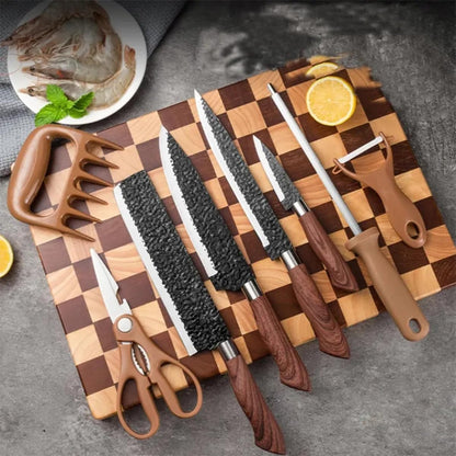 Kit Churrasco Madeirado, Conjunto de 08 Peças Facas Gourmet Antiaderente Premium