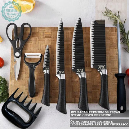 Jogo Faca em Inox Profissional - Kit Churrasco, Conjunto de 08 Peças Gourmet, Azimark