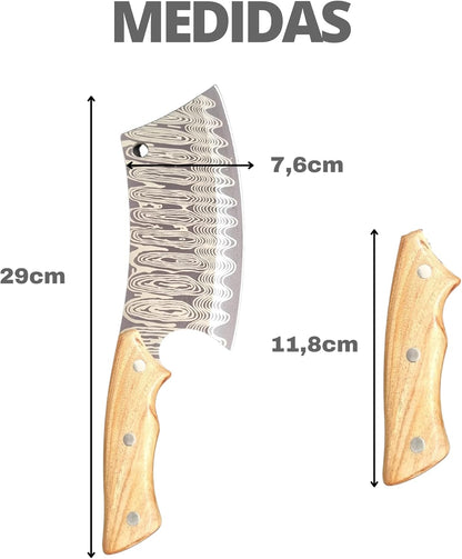 Cutelo Churrasco Faca Artesanal 29cm – Lâmina Aço Inox Ornamentada, Cabo de Madeira Ergonômico c/Desenho de Damasco