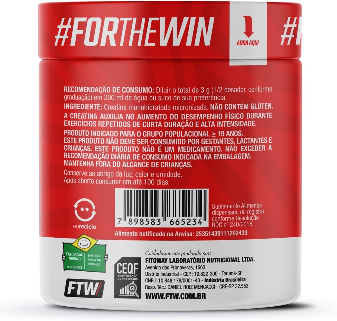 FTW Creatina Monohidratada 100% Pura - Explosão de Energia, Força e Resistência - Absorção Rápida para Ganho de Massa e Performance - Pote 300g