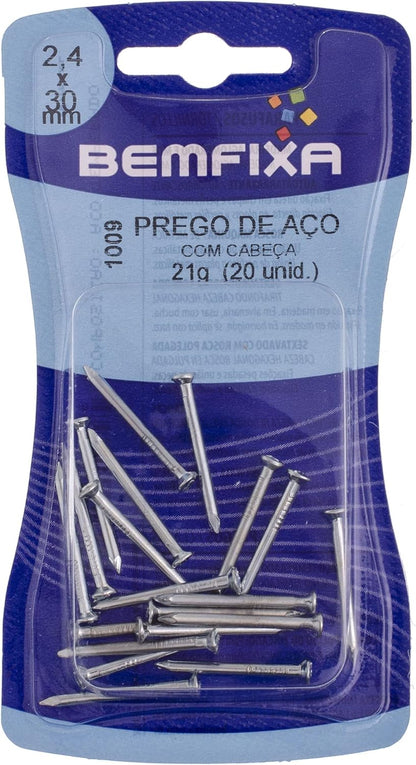 BemFixa Prego Aço com Cabeça, 2.4 x 30 mm, 20 unidades, PRATA