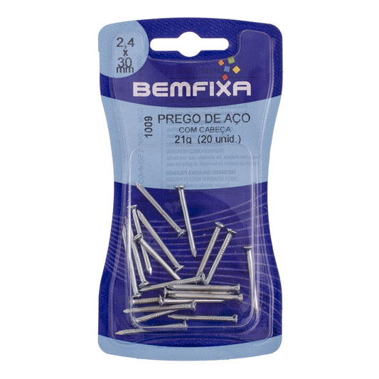 BemFixa Prego Aço com Cabeça, 2.4 x 30 mm, 20 unidades, PRATA