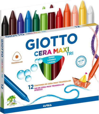 GIOTTO Cera Maxi Tri, Giz de Cera Maxi Triangular em Estojo, 12 Cores