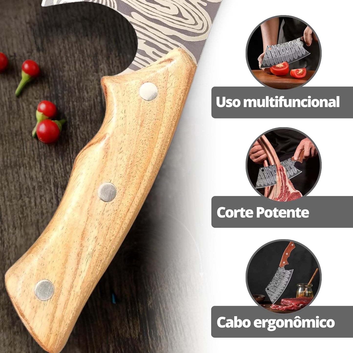 Cutelo Churrasco Faca Artesanal 29cm – Lâmina Aço Inox Ornamentada, Cabo de Madeira Ergonômico c/Desenho de Damasco
