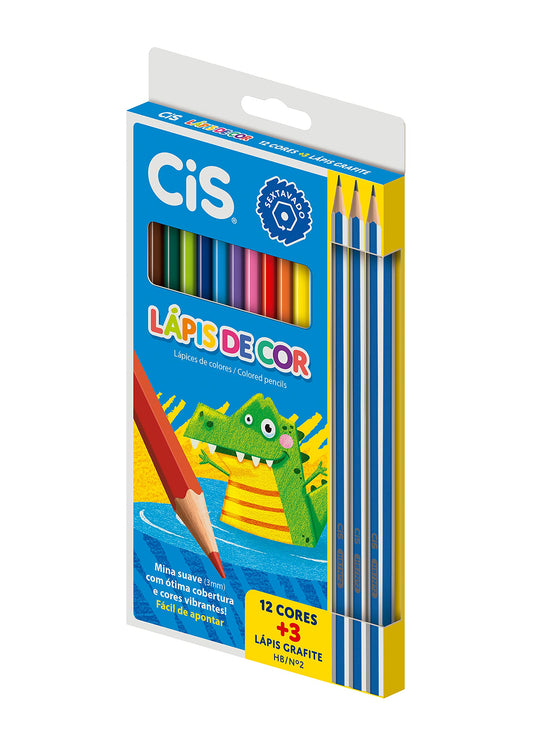 Lápis de Cor CIS, Caixa com 12 cores + 3 lápis grafite HB N2, Multicolorido
