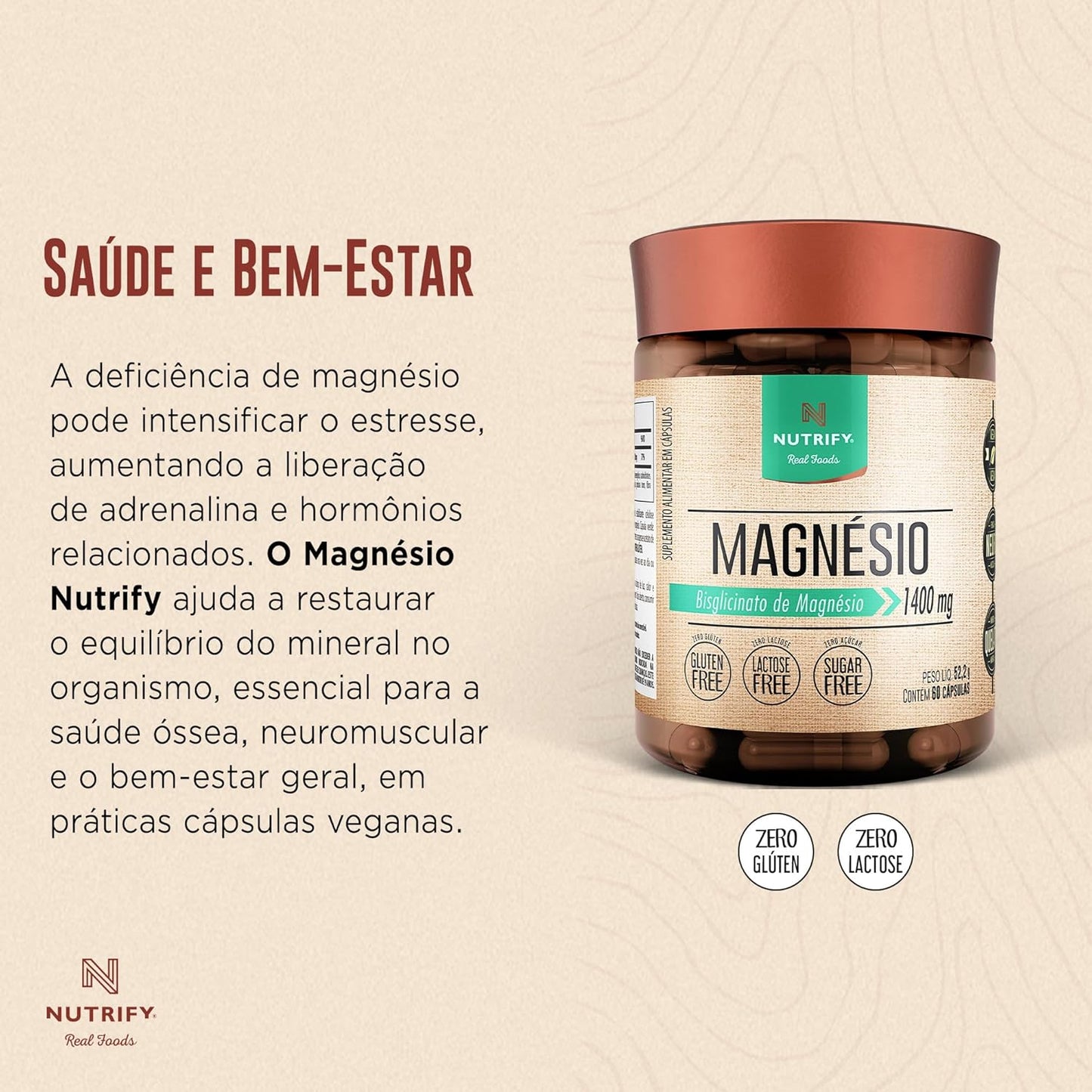 Nutrify - Magnésio 1400mg - Multivitamínico, Sem Glúten, Sem Lactose, Sem Açúcar - 60 Cápsulas