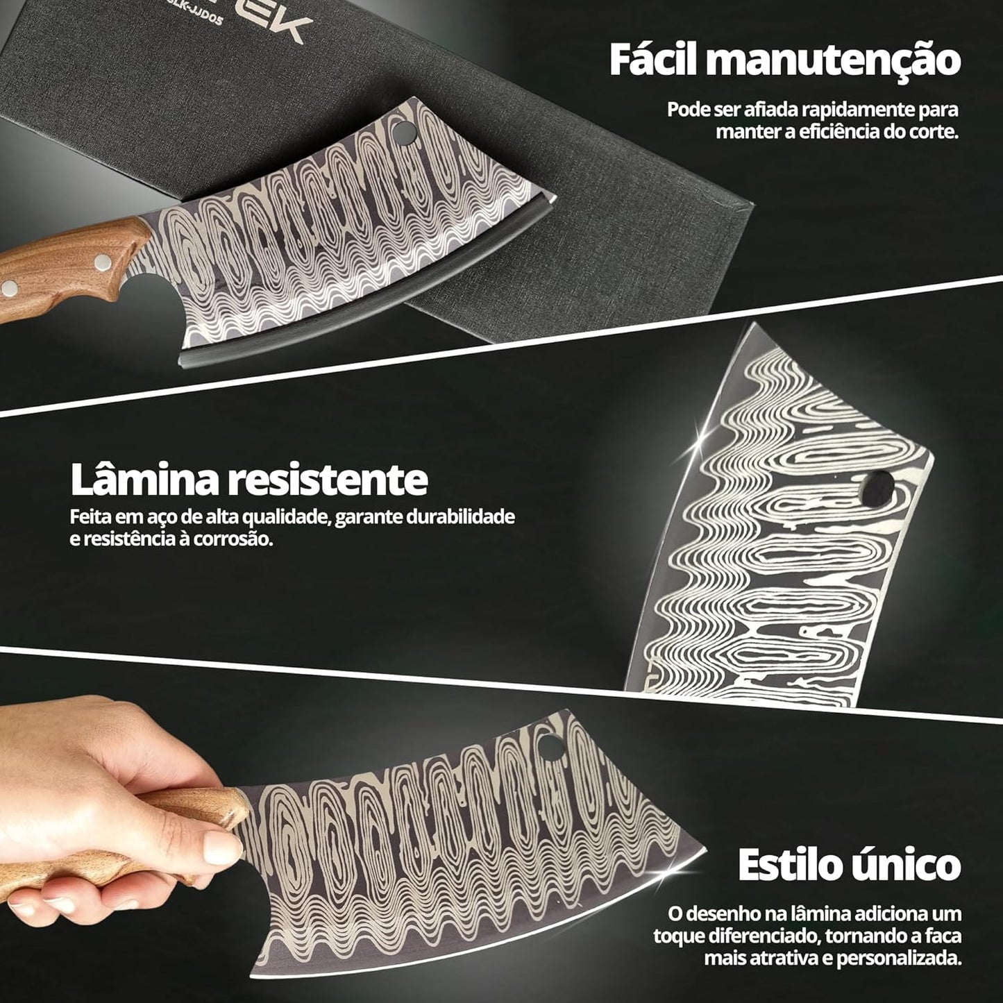 Cutelo Churrasco Faca Artesanal 29cm – Lâmina Aço Inox Ornamentada, Cabo de Madeira Ergonômico c/Desenho de Damasco