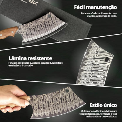 Cutelo Churrasco Faca Artesanal 29cm – Lâmina Aço Inox Ornamentada, Cabo de Madeira Ergonômico c/Desenho de Damasco