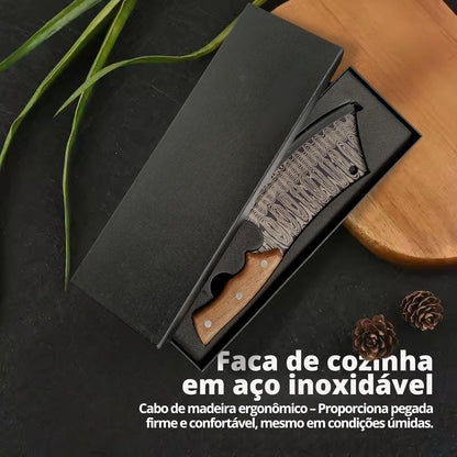 Cutelo Churrasco Faca Artesanal 29cm – Lâmina Aço Inox Ornamentada, Cabo de Madeira Ergonômico c/Desenho de Damasco