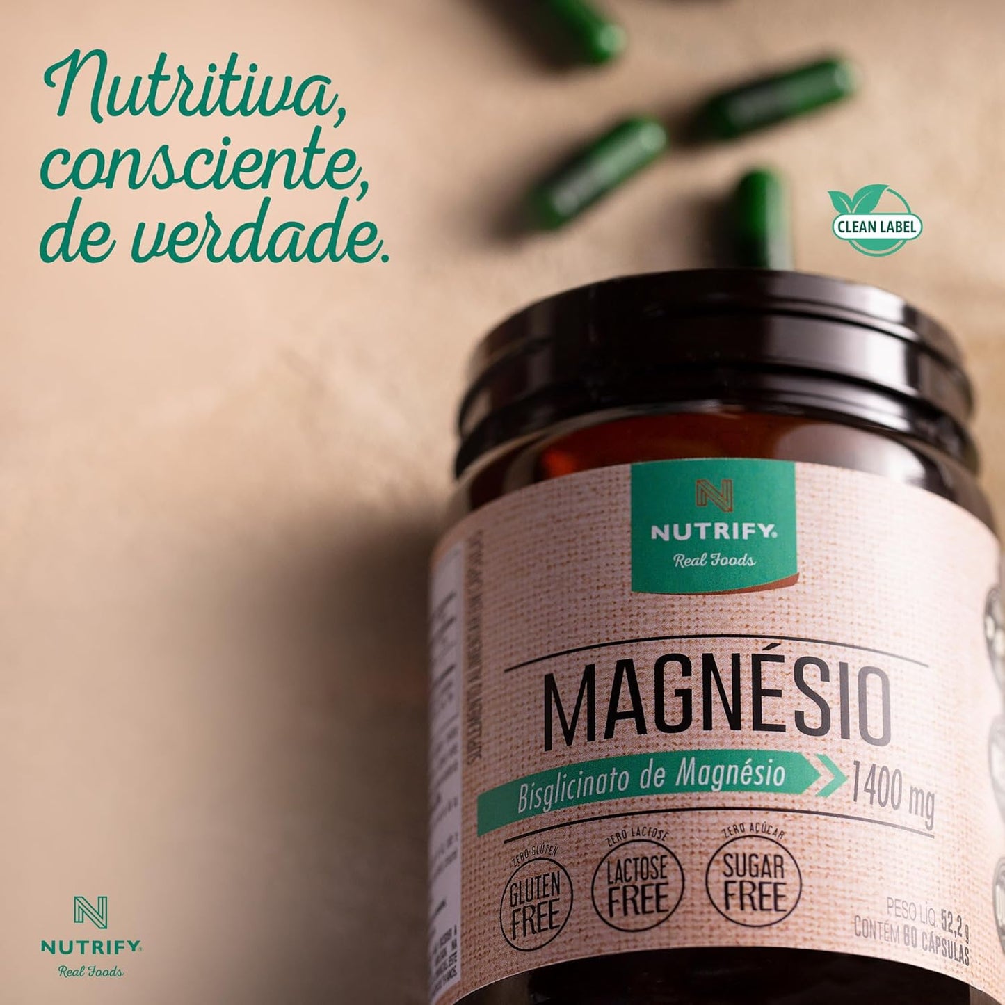 Nutrify - Magnésio 1400mg - Multivitamínico, Sem Glúten, Sem Lactose, Sem Açúcar - 60 Cápsulas