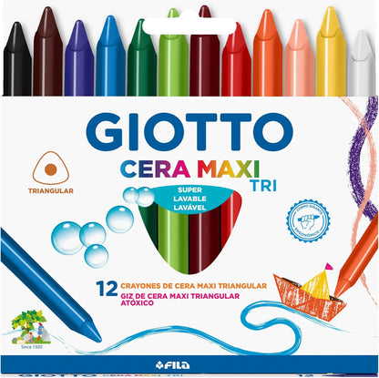 GIOTTO Cera Maxi Tri, Giz de Cera Maxi Triangular em Estojo, 12 Cores