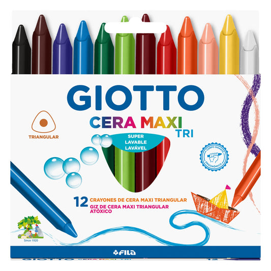 GIOTTO Cera Maxi Tri, Giz de Cera Maxi Triangular em Estojo, 12 Cores