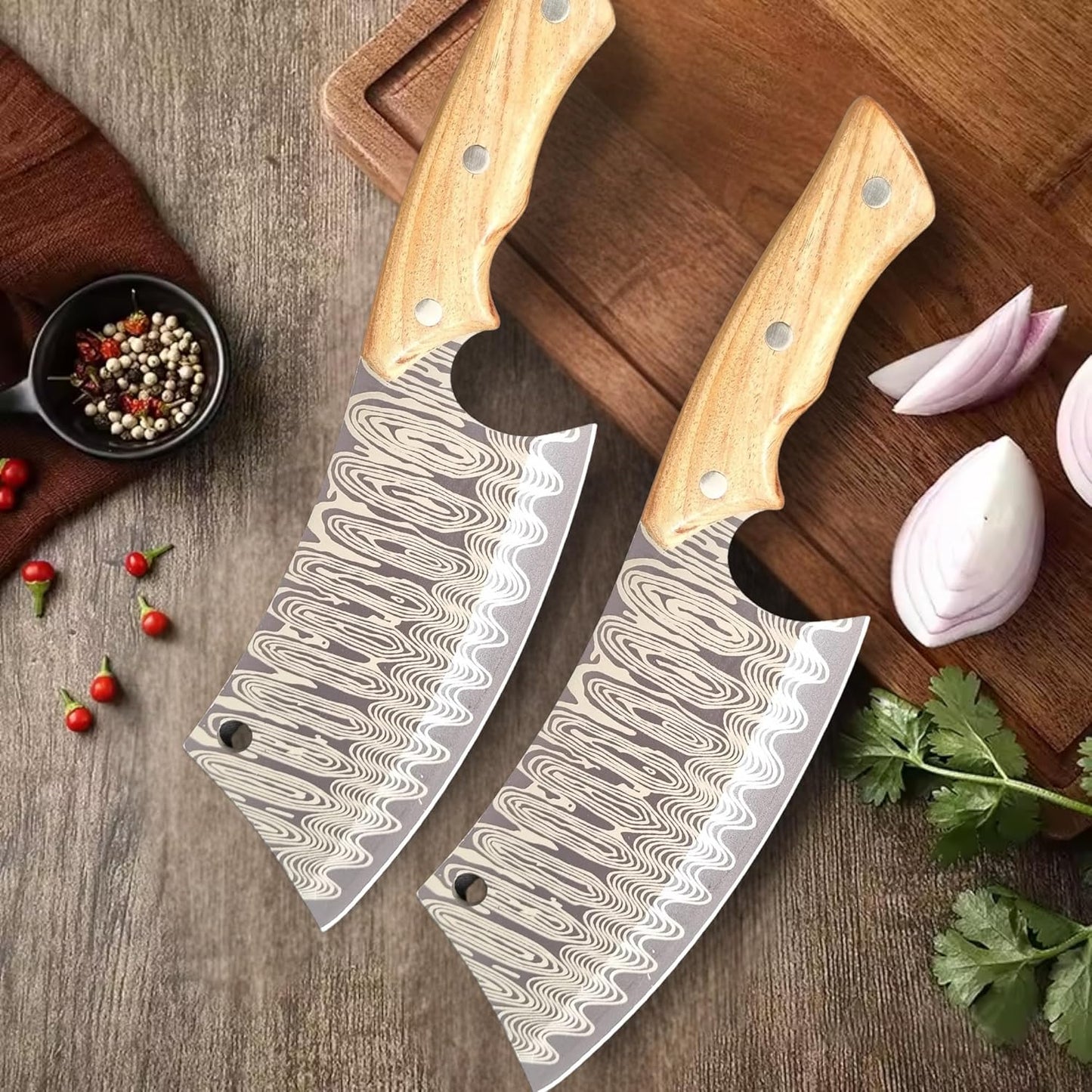 Cutelo Churrasco Faca Artesanal 29cm – Lâmina Aço Inox Ornamentada, Cabo de Madeira Ergonômico c/Desenho de Damasco