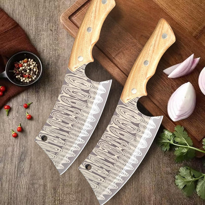 Cutelo Churrasco Faca Artesanal 29cm – Lâmina Aço Inox Ornamentada, Cabo de Madeira Ergonômico c/Desenho de Damasco